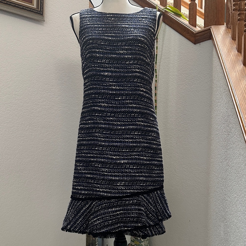 Karl Largerfekd White and Navy Textured Tweed Shift Dress with Ruffle Hem
